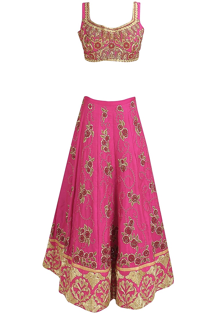 Pink and gold floral zardozi and dori embroidered lehenga set available only at Pernia's Pop Up Shop.