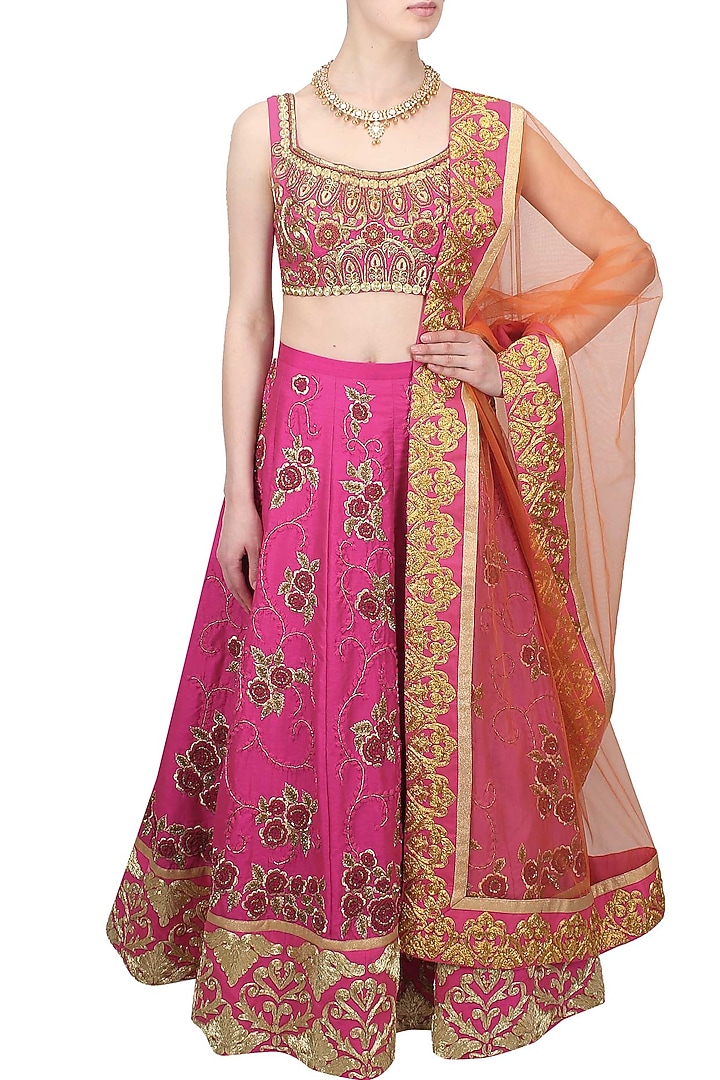 Pink and gold floral zardozi and dori embroidered lehenga set available only at Pernia's Pop Up Shop.