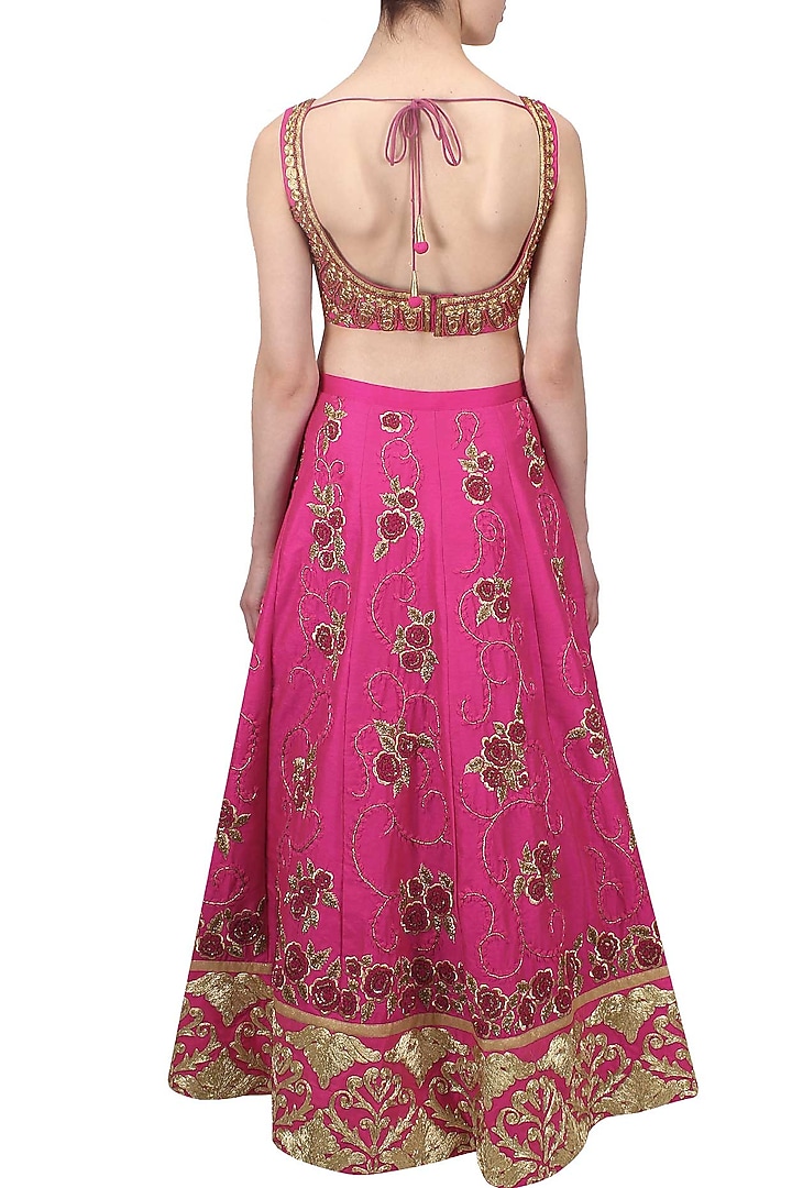 Pink and gold floral zardozi and dori embroidered lehenga set available only at Pernia's Pop Up Shop.