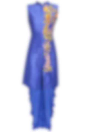 Blue bird embroidered long achkan jacket with blue dhoti pants available only at Pernia's Pop Up Shop.