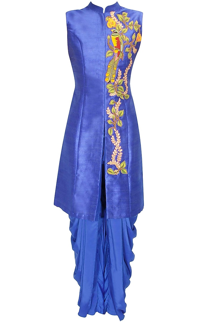 Blue bird embroidered long achkan jacket with blue dhoti pants available only at Pernia's Pop Up Shop.