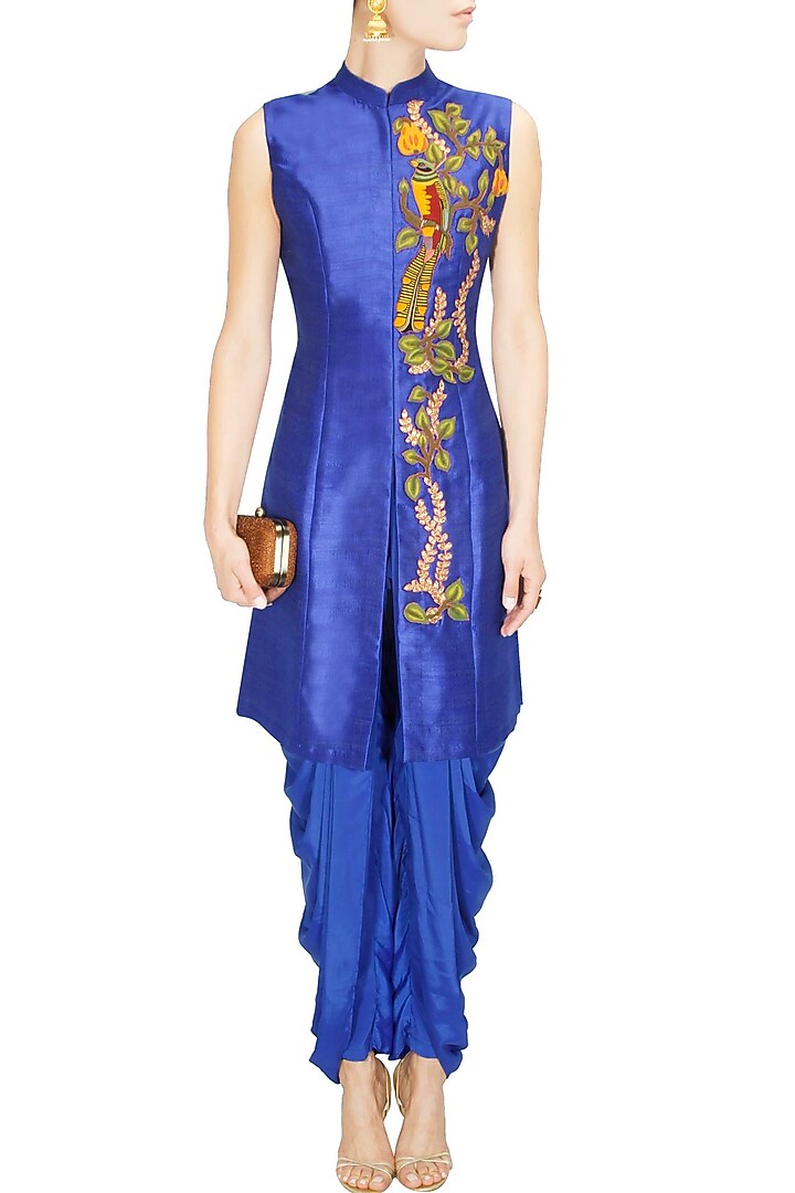 Blue bird embroidered long achkan jacket with blue dhoti pants available only at Pernia's Pop Up Shop.