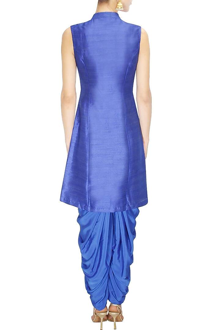 Blue bird embroidered long achkan jacket with blue dhoti pants available only at Pernia's Pop Up Shop.