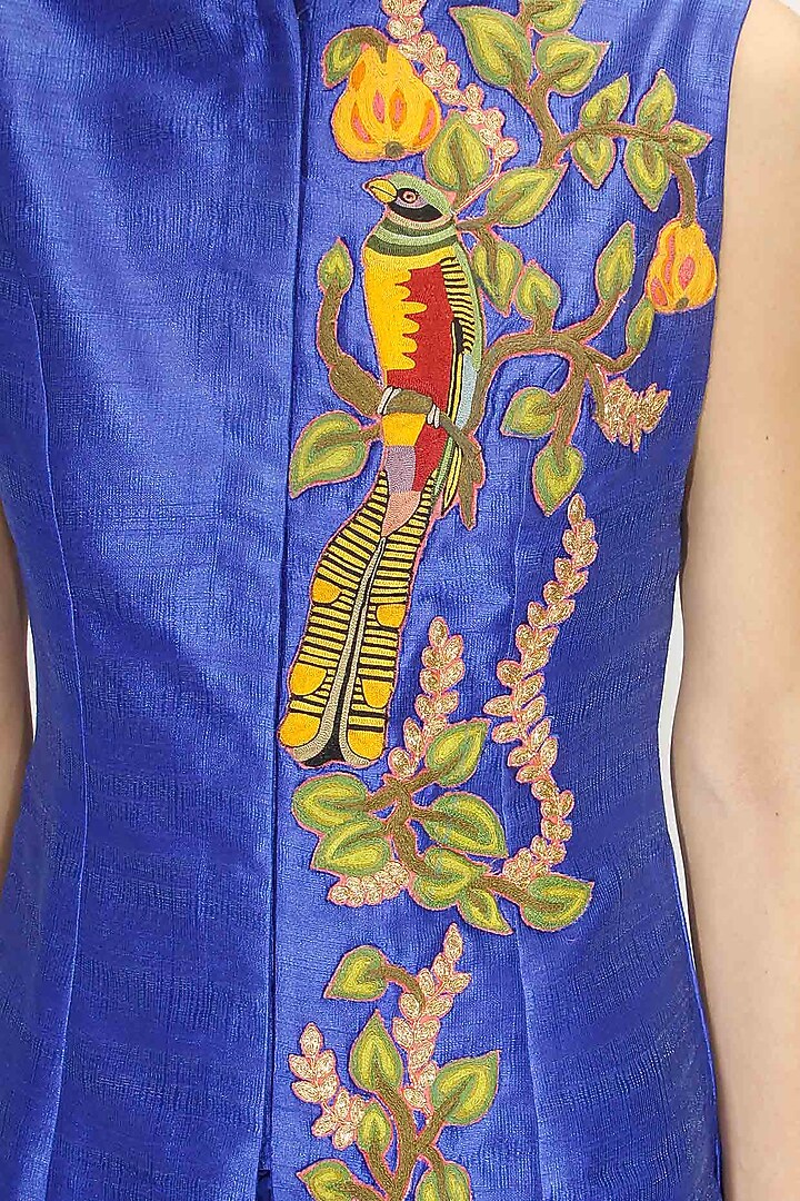 Blue bird embroidered long achkan jacket with blue dhoti pants available only at Pernia's Pop Up Shop.
