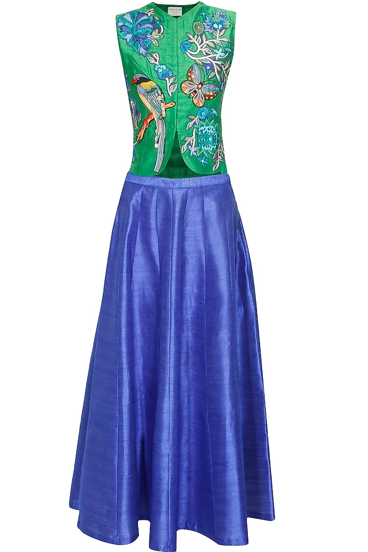 Green bird embroidered short jacket with blue skirt lehenga available only at Pernia's Pop Up Shop.