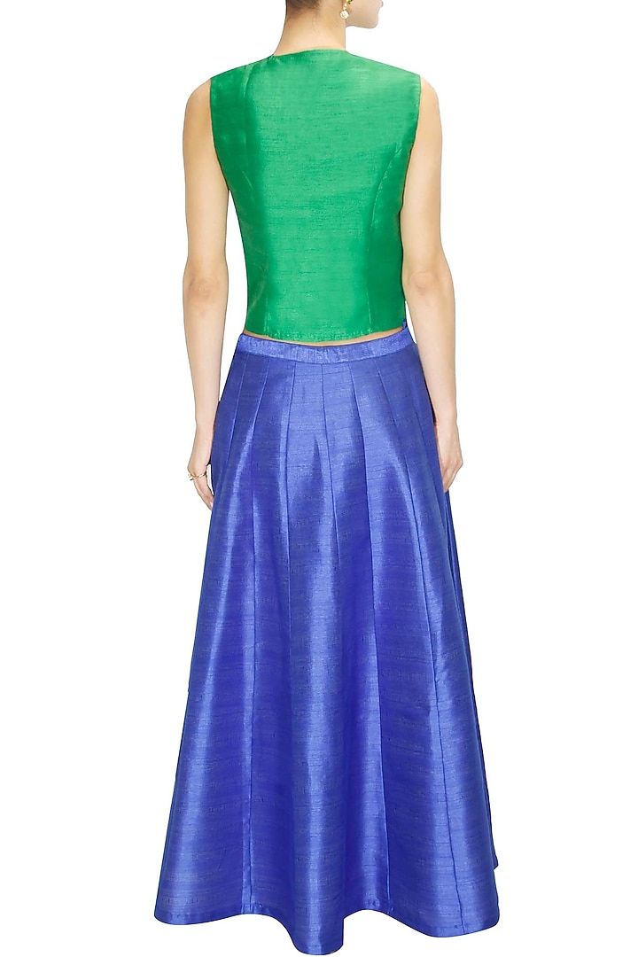 Green bird embroidered short jacket with blue skirt lehenga available only at Pernia's Pop Up Shop.