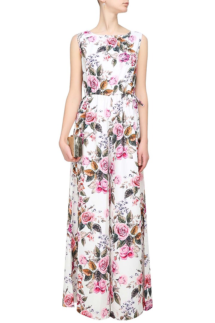 Cream and pink roses printed tie up jumpsuit available only at Pernia's Pop Up Shop.