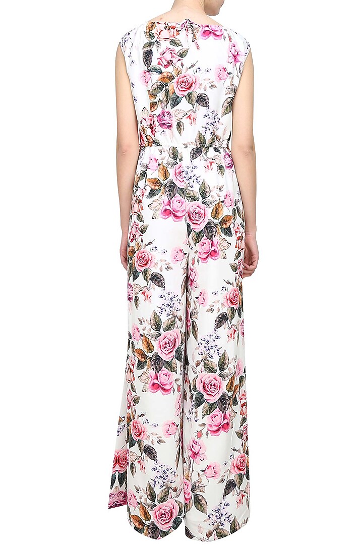 Cream and pink roses printed tie up jumpsuit available only at Pernia's Pop Up Shop.