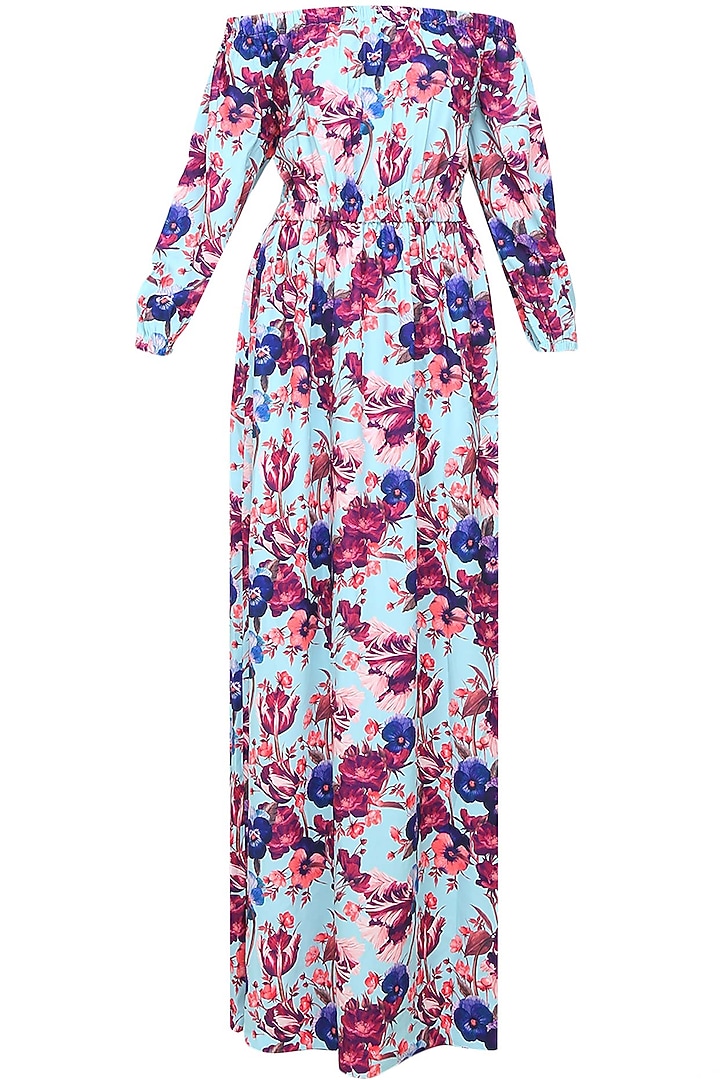 Blue floral printed off shoulder maxi dress available only at Pernia's Pop Up Shop.