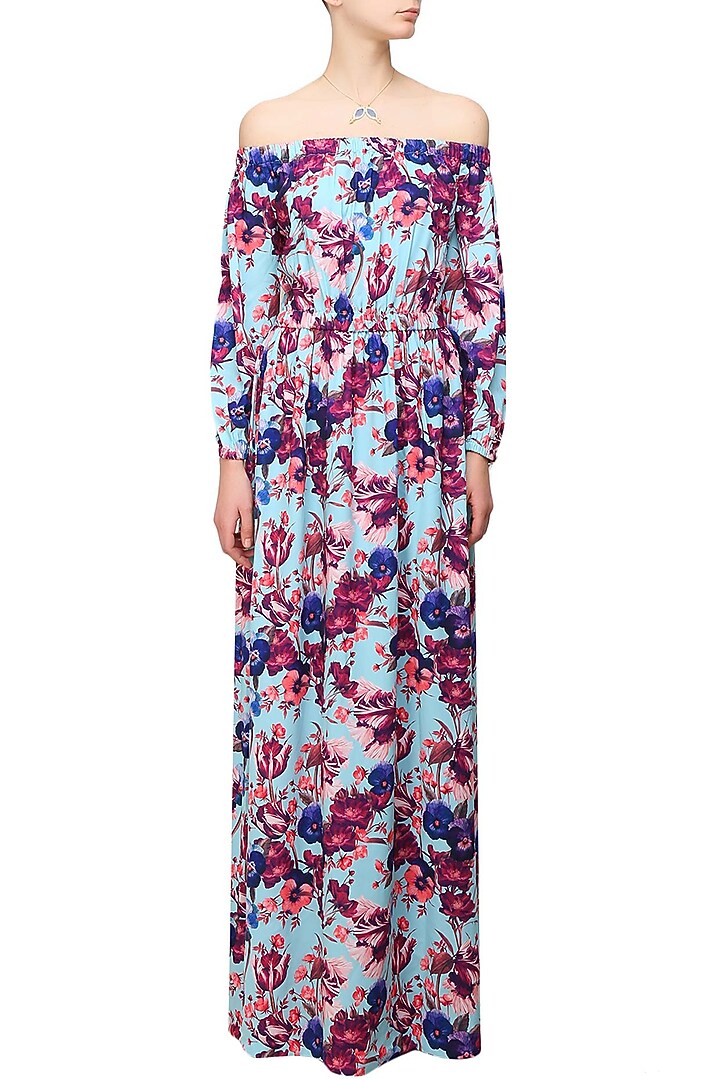Blue floral printed off shoulder maxi dress available only at Pernia's Pop Up Shop.