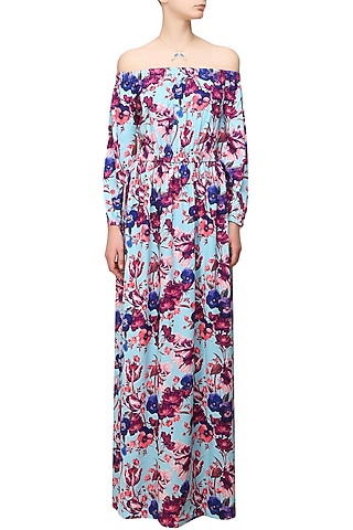 Blue floral printed off shoulder maxi dress by Ash Haute Couture
