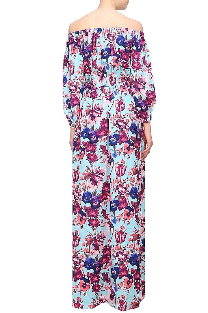 Blue floral printed off shoulder maxi dress available only at Pernia's Pop Up Shop.