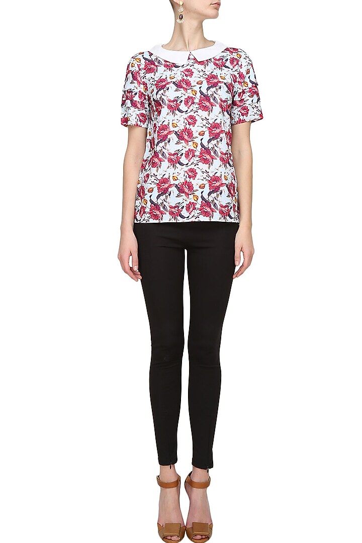 Light blue vintage floral printed layer sleeved top available only at Pernia's Pop Up Shop.