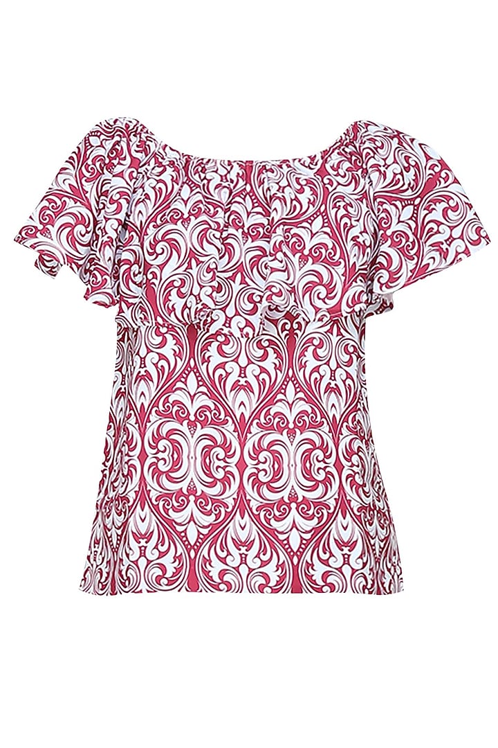 White and red ornament ruffled off shoulder top available only at Pernia's Pop Up Shop.