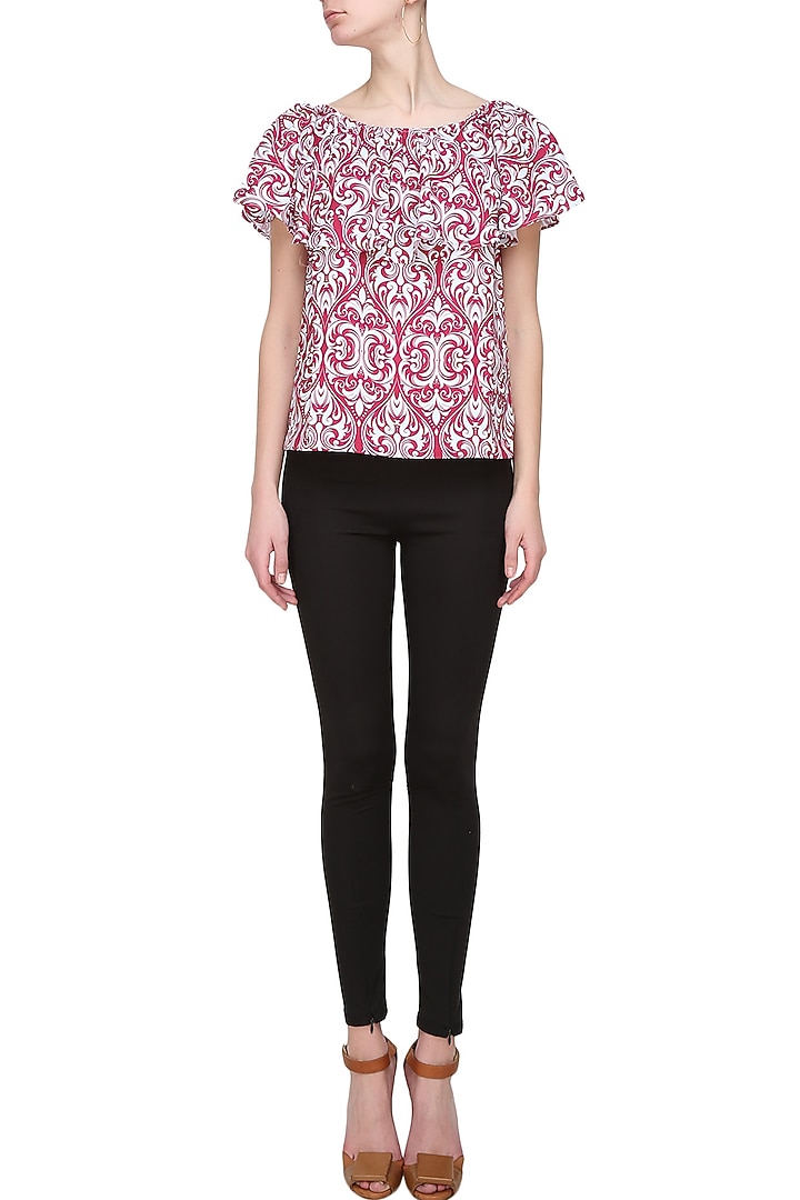 White and red ornament ruffled off shoulder top available only at Pernia's Pop Up Shop.
