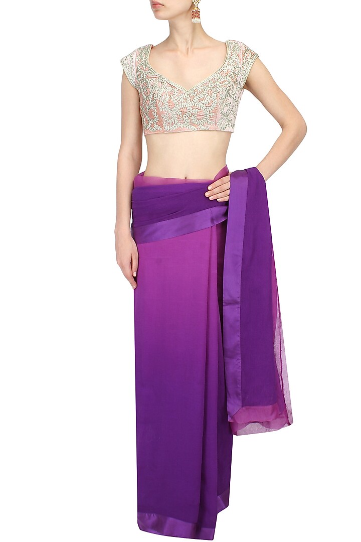Aharin India presents Navy blue antique zari thread work embroidered blouse available only at Pernia's Pop Up Shop.