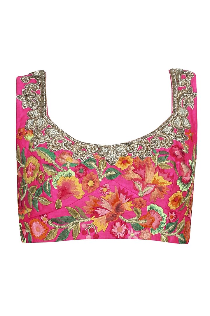 Pink Floral Pattern Zardozi Embroidered Blouse by Aharin India