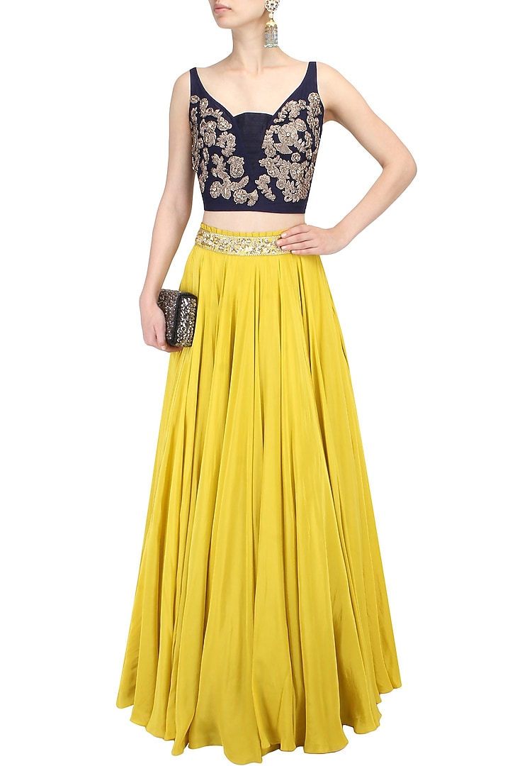 Aharin India presents Navy blue leaf motifs thread work embroidered blouse available only at Pernia's Pop Up Shop.
