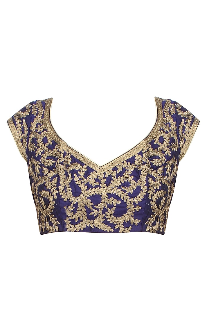 Navy Blue Leaf Motifs Thread Work Embroidered Blouse by Aharin India