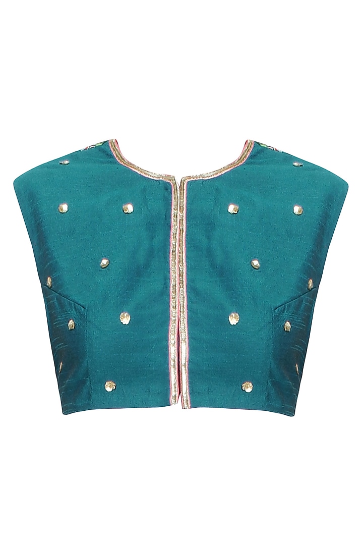 Teal Floral Pattern Resham Embroidered Blouse by Aharin India