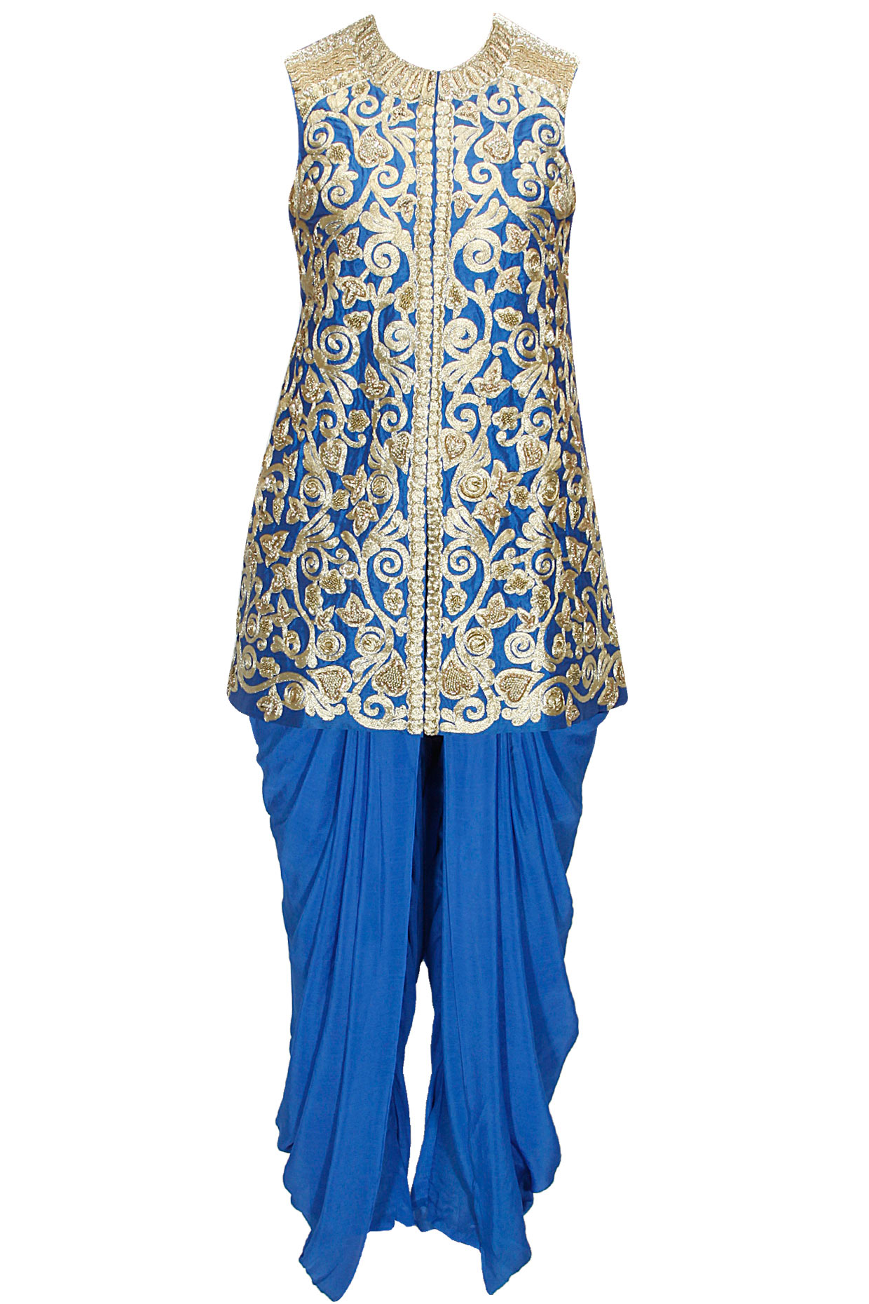 Blue Embroidered Jacket with Dhoti Pants by Aharin India