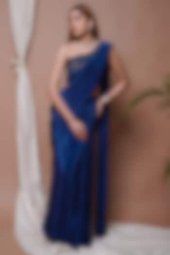 Navy Blue Natural Crepe Pre-Stitched Draped Party Wear Saree Set by AHI CLOTHING at Pernia's Pop Up Shop