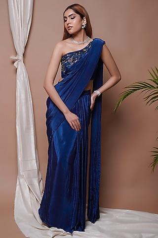 Navy Blue Natural Crepe Pre-Stitched Draped Saree Set by AHI CLOTHING