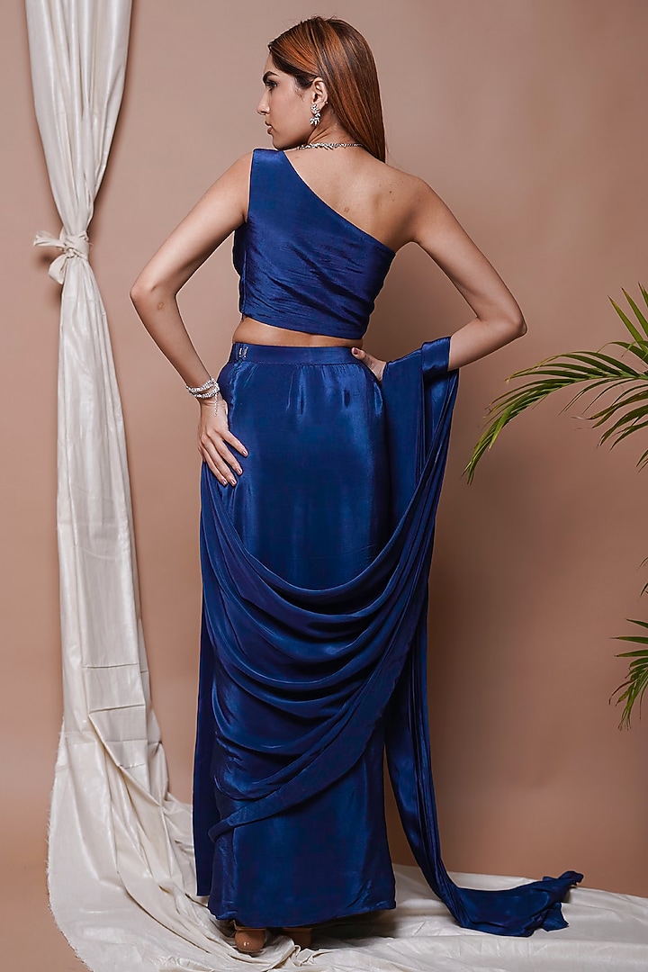 Navy Blue Natural Crepe Pre-Stitched Draped Party Wear Saree Set by AHI CLOTHING at Pernia's Pop Up Shop