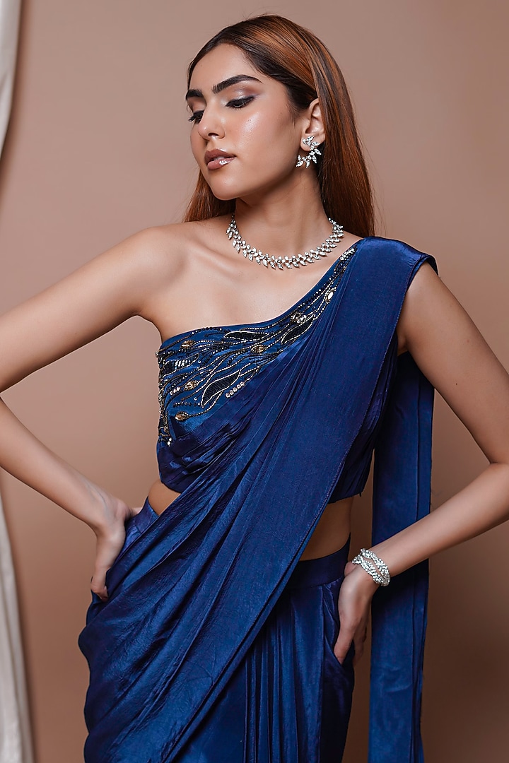 Navy Blue Natural Crepe Pre-Stitched Draped Party Wear Saree Set by AHI CLOTHING at Pernia's Pop Up Shop