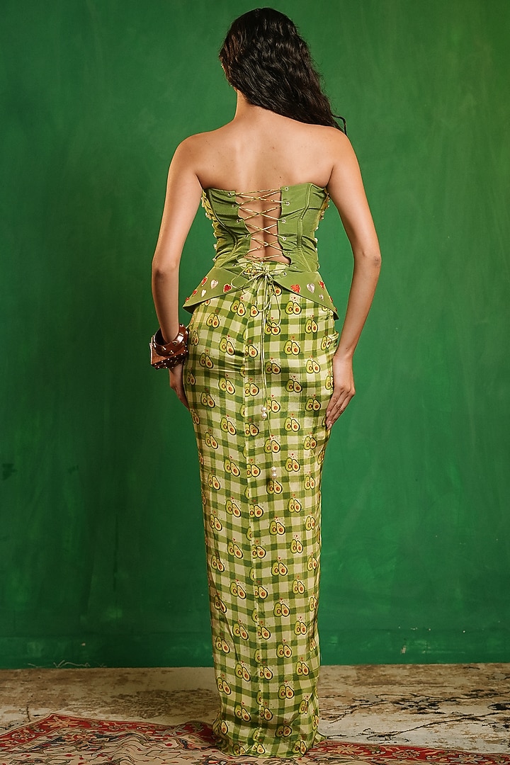 Green Heavy Crepe Printed Saree-Style Skirt Set by AHI CLOTHING at Pernia's Pop Up Shop