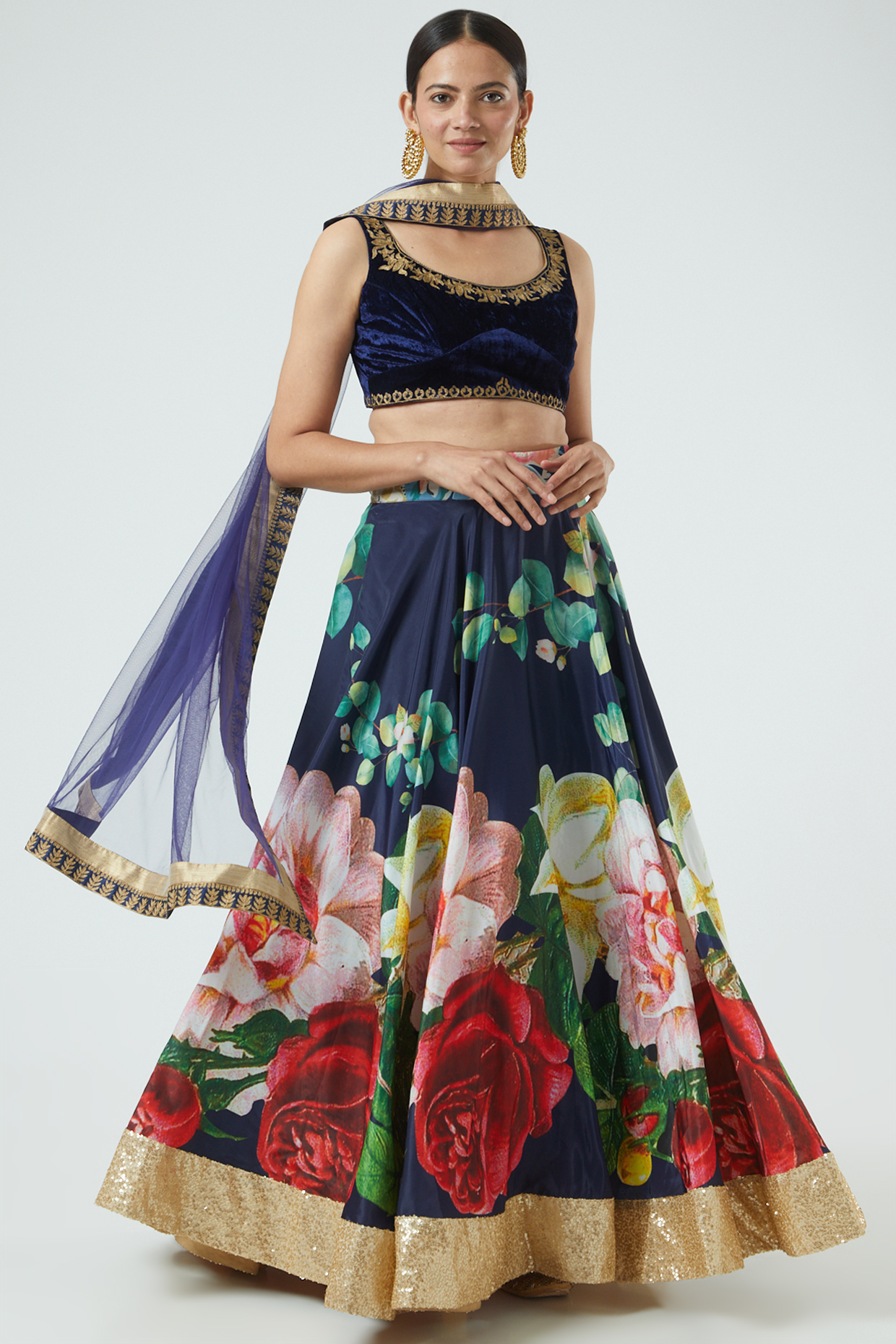 Navy Printed Wedding Lehenga Set by Aharin India at Pernia's Pop Up Shop