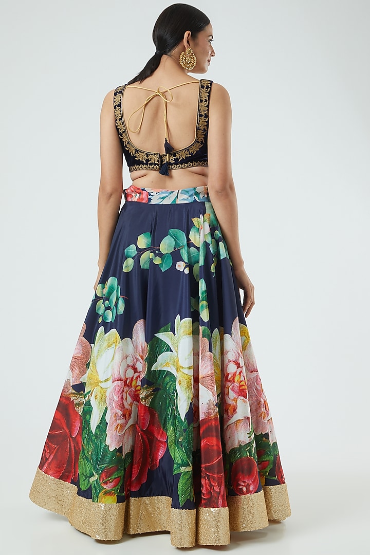 Navy Printed Wedding Lehenga Set by Aharin India at Pernia's Pop Up Shop