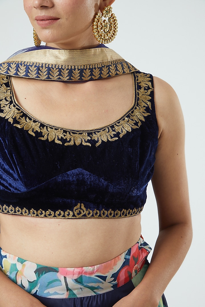 Navy Printed Wedding Lehenga Set by Aharin India at Pernia's Pop Up Shop