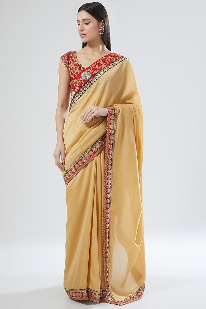 Beige Embroidered Saree Set by Aharin India
