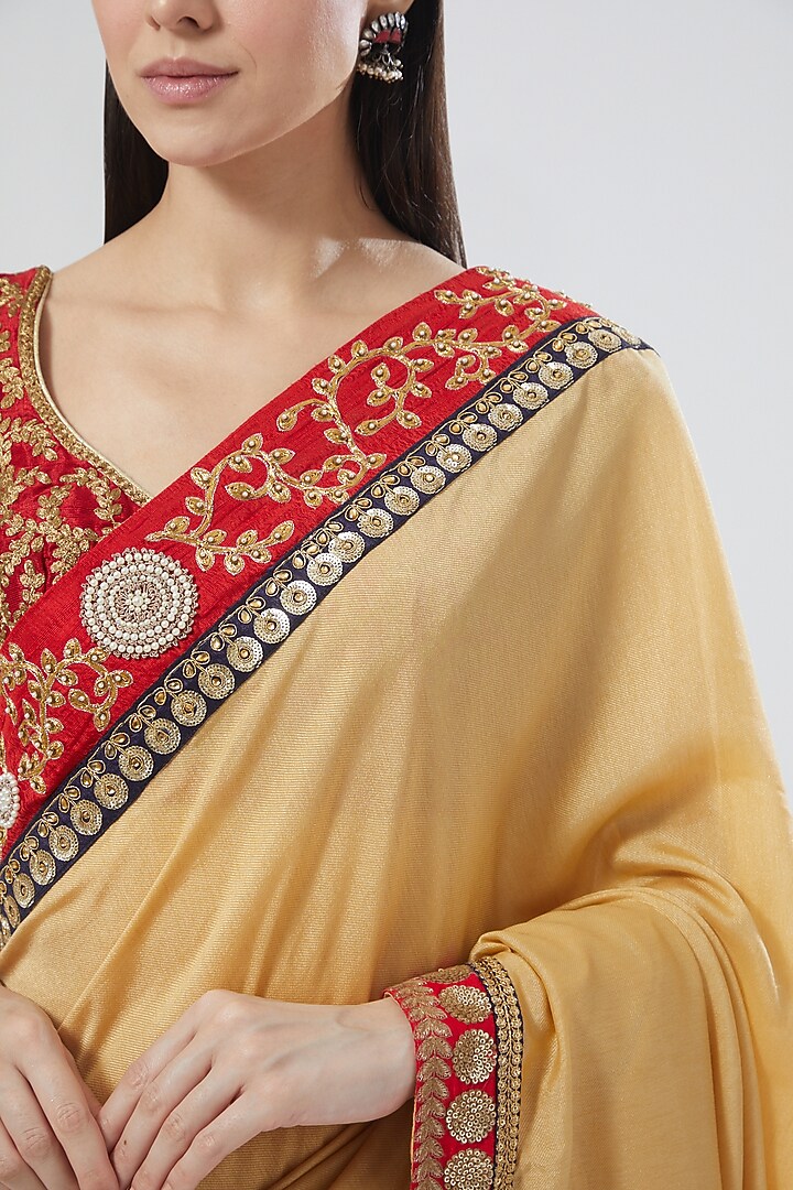 Beige Embroidered Party Wear Saree Set by Aharin India at Pernia's Pop Up Shop