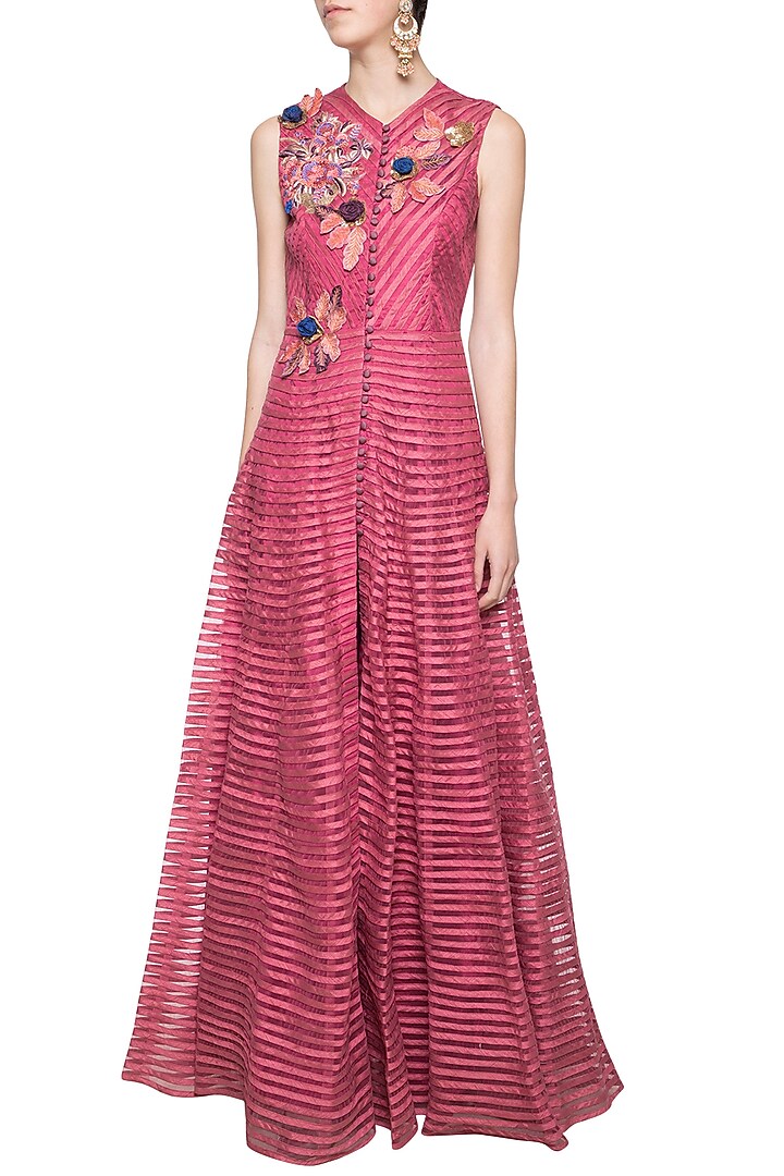 Onion pink embroidered Wedding Anarkali set by Aharin India at Pernia's Pop Up Shop