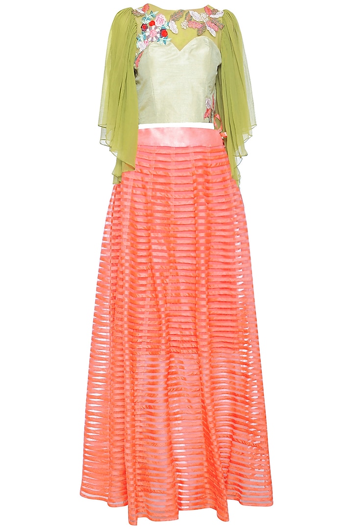 Lime ruffle embroidered top with peach lehenga skirt by Aharin India