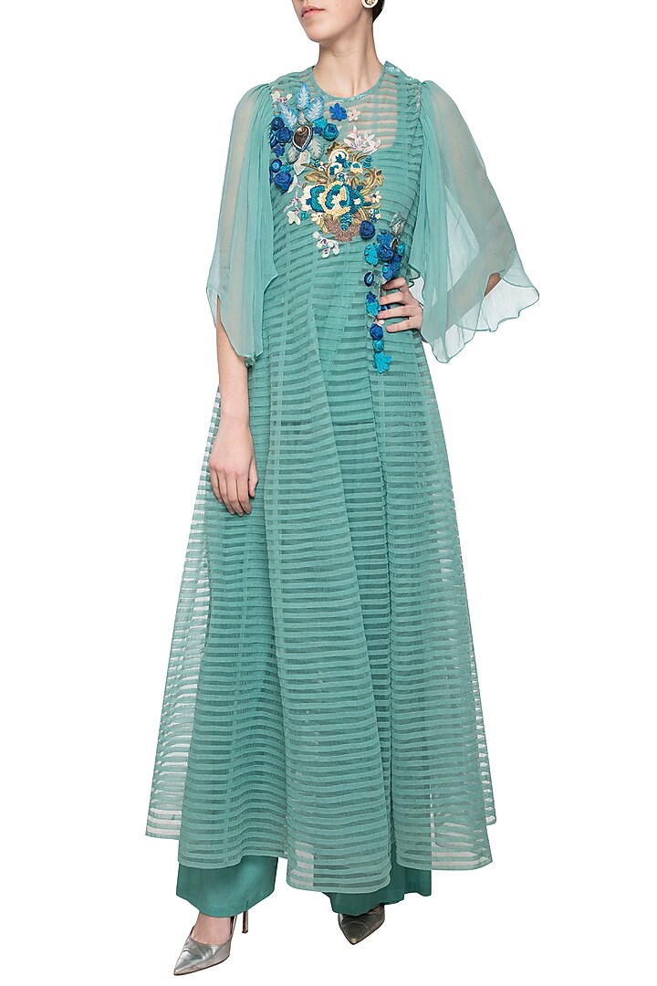 Sea green embroidered Wedding Anarkali set by Aharin India at Pernia's Pop Up Shop
