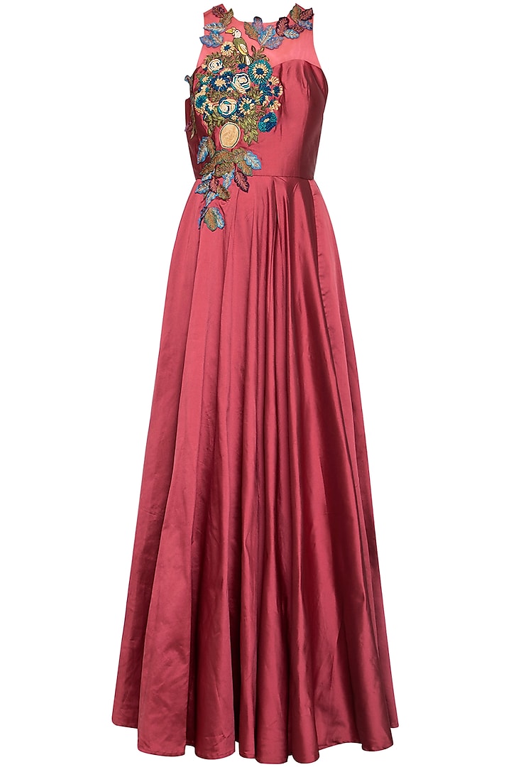 Onion pink embroidered gown by Aharin India