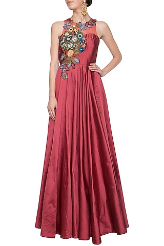 Onion pink embroidered gown by Aharin India