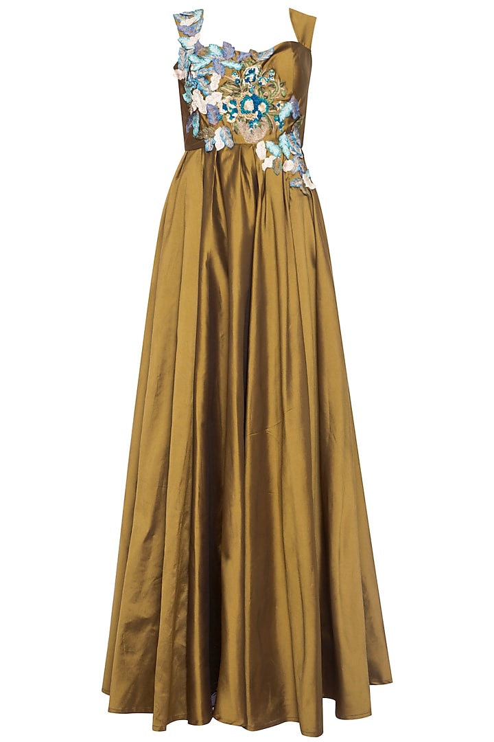 Dark gold embroidered gown Design by Aharin India at Pernia's Pop Up ...