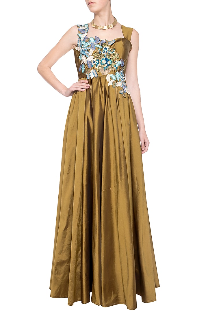 Dark gold embroidered gown by Aharin India at Pernia's Pop Up Shop