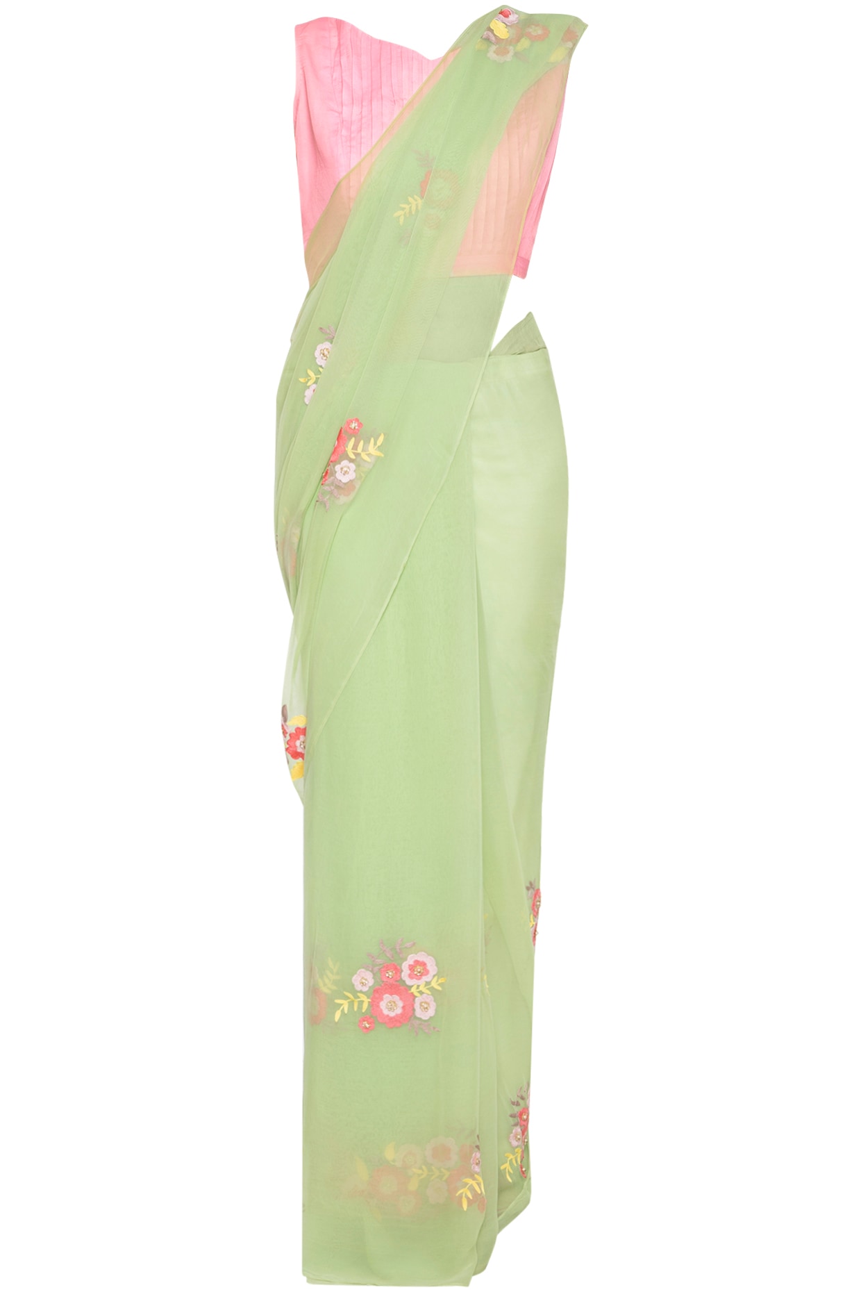 Banarasee Kota Checks Saree With Floral Buta & Border Design-Green & P