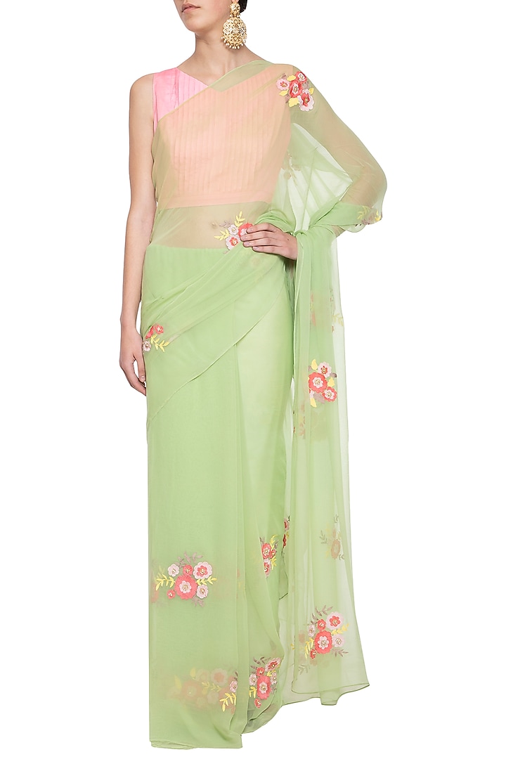 Pista Green Cotton Silk & Net Patch Embroidered Wedding Saree Set by Aharin India at Pernia's Pop Up Shop