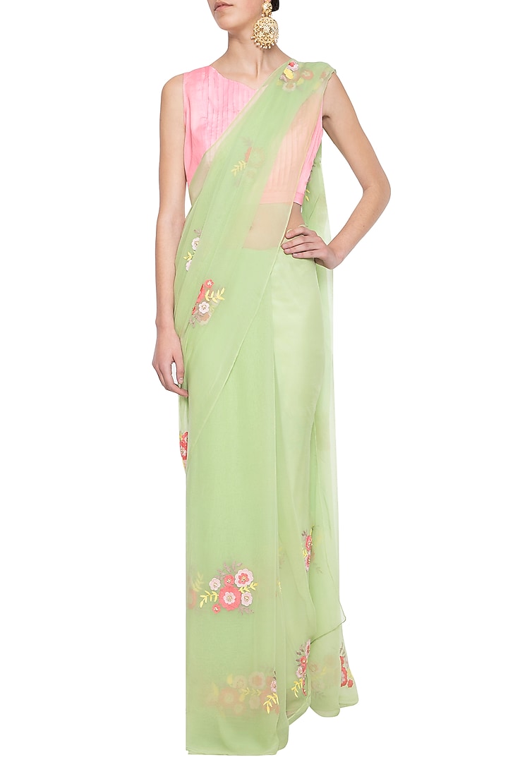Pista Green Cotton Silk & Net Patch Embroidered Wedding Saree Set by Aharin India at Pernia's Pop Up Shop