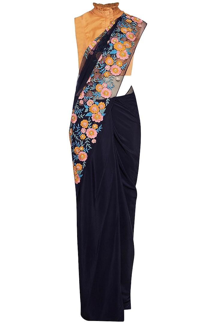 Navy Blue Cotton Silk Patch Embroidered Wedding Saree Set by Aharin India at Pernia's Pop Up Shop