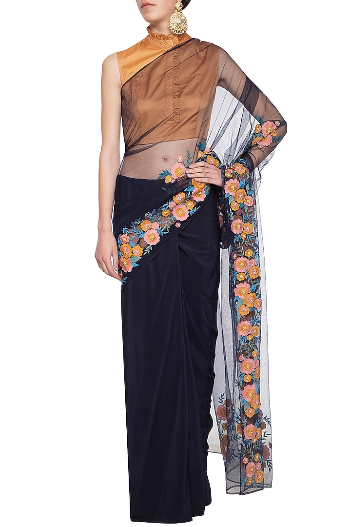 Navy Blue Cotton Silk Patch Embroidered Wedding Saree Set by Aharin India at Pernia's Pop Up Shop