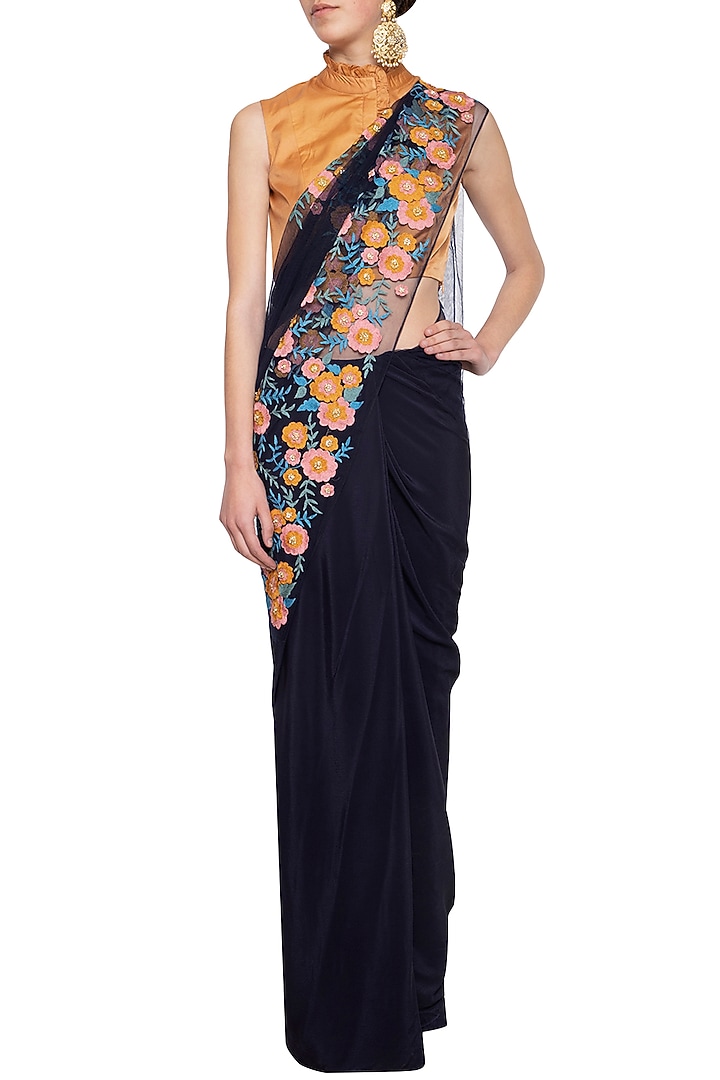 Navy Blue Cotton Silk Patch Embroidered Wedding Saree Set by Aharin India at Pernia's Pop Up Shop