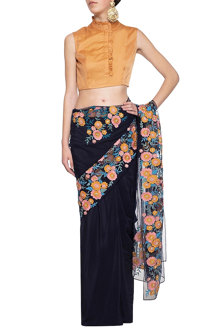 Navy Blue Cotton Silk Patch Embroidered Wedding Saree Set by Aharin India at Pernia's Pop Up Shop