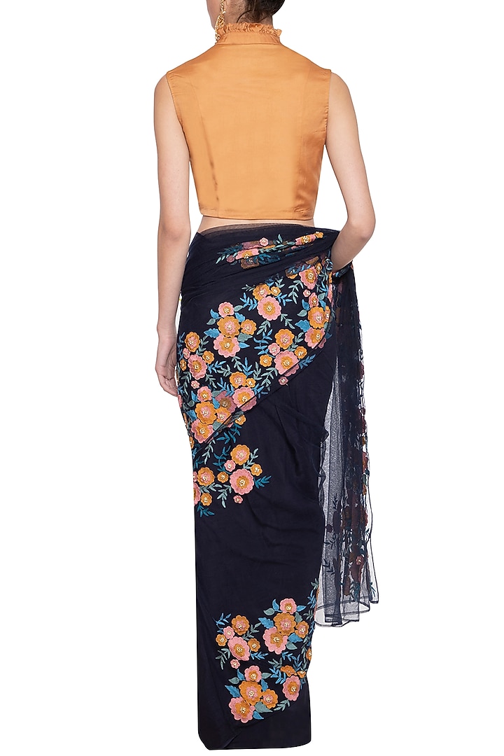 Navy Blue Cotton Silk Patch Embroidered Wedding Saree Set by Aharin India at Pernia's Pop Up Shop